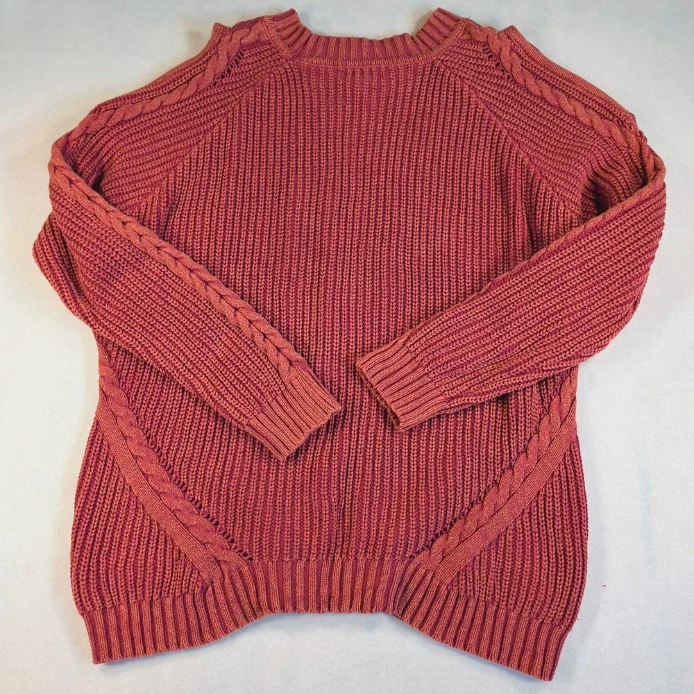 Umgee Chunky Sweater Red Cable Knit Pullover Long Sleeve Cozy Boho‎ Casual Top